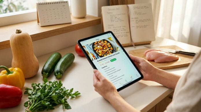 Cuisiner avec Jow sur tablette Une personne tenant une tablette affichant une recette Jow dans une cuisine avec des légumes frais.