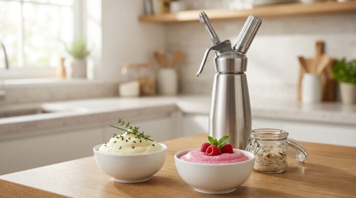 Siphon à cuisine avec deux préparations d'espuma Un siphon en inox posé sur un plan de travail avec deux bols d'espuma, l'un salé aux herbes et l'autre sucré aux framboises.