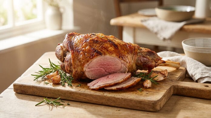 Gigot d'agneau rôti au four Un gigot d'agneau rôti avec de l'ail et du romarin sur une planche en bois, avec deux tranches coupées.