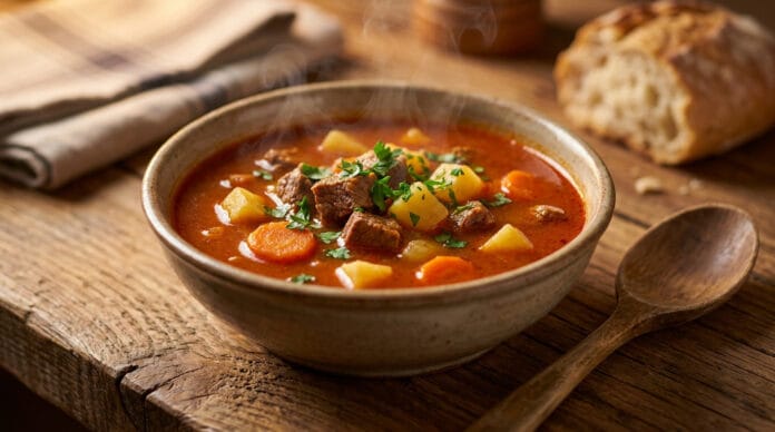 Recette authentique du goulash hongrois Bol de soupe goulash fumante avec bœuf, pommes de terre et carottes sur une table en bois rustique.