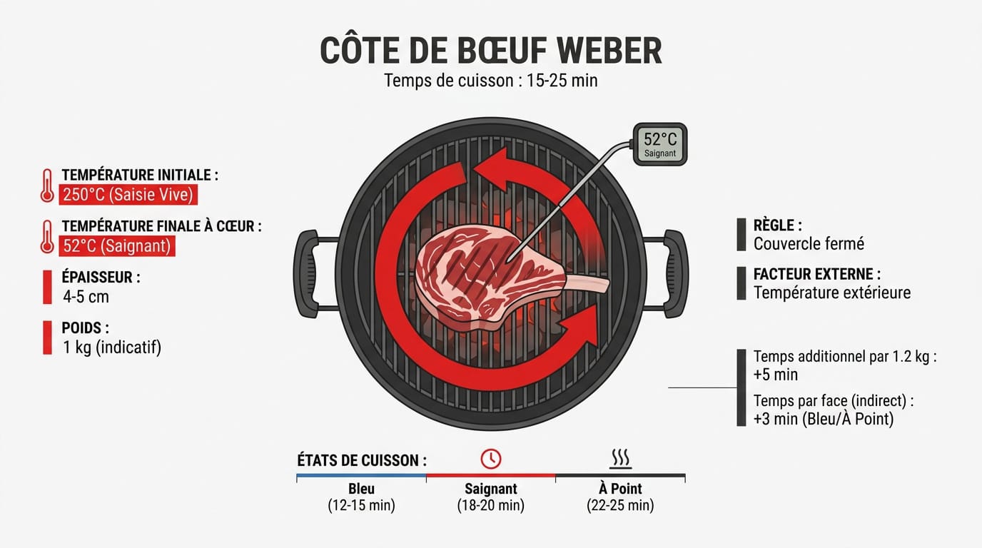 Cuisson d’une côte de bœuf au Weber : combien de temps ? 1 Guide visuel du temps de cuisson pour une côte de bœuf sur barbecue Weber