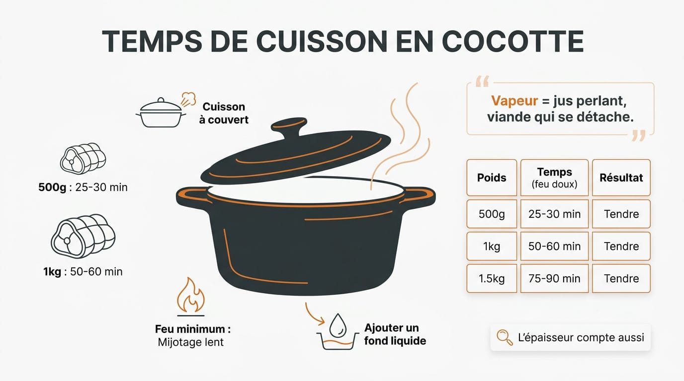 Rôti de veau mijotant doucement dans une cocotte en fonte avec des légumes