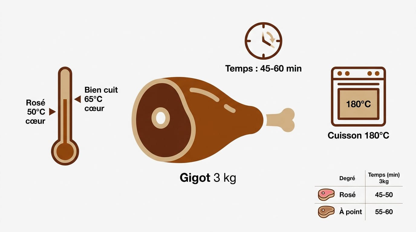 Temps de cuisson d’un gigot d’agneau de 3 kg au four 1 Tableau récapitulatif des temps de cuisson pour un gigot d'agneau de 3 kg selon la température du four