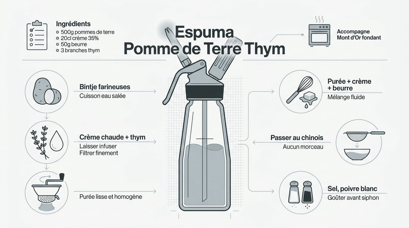 Recette d’espuma salée ou sucrée, avec ou sans siphon 2 Infographie étapes de préparation espuma pomme de terre au thym