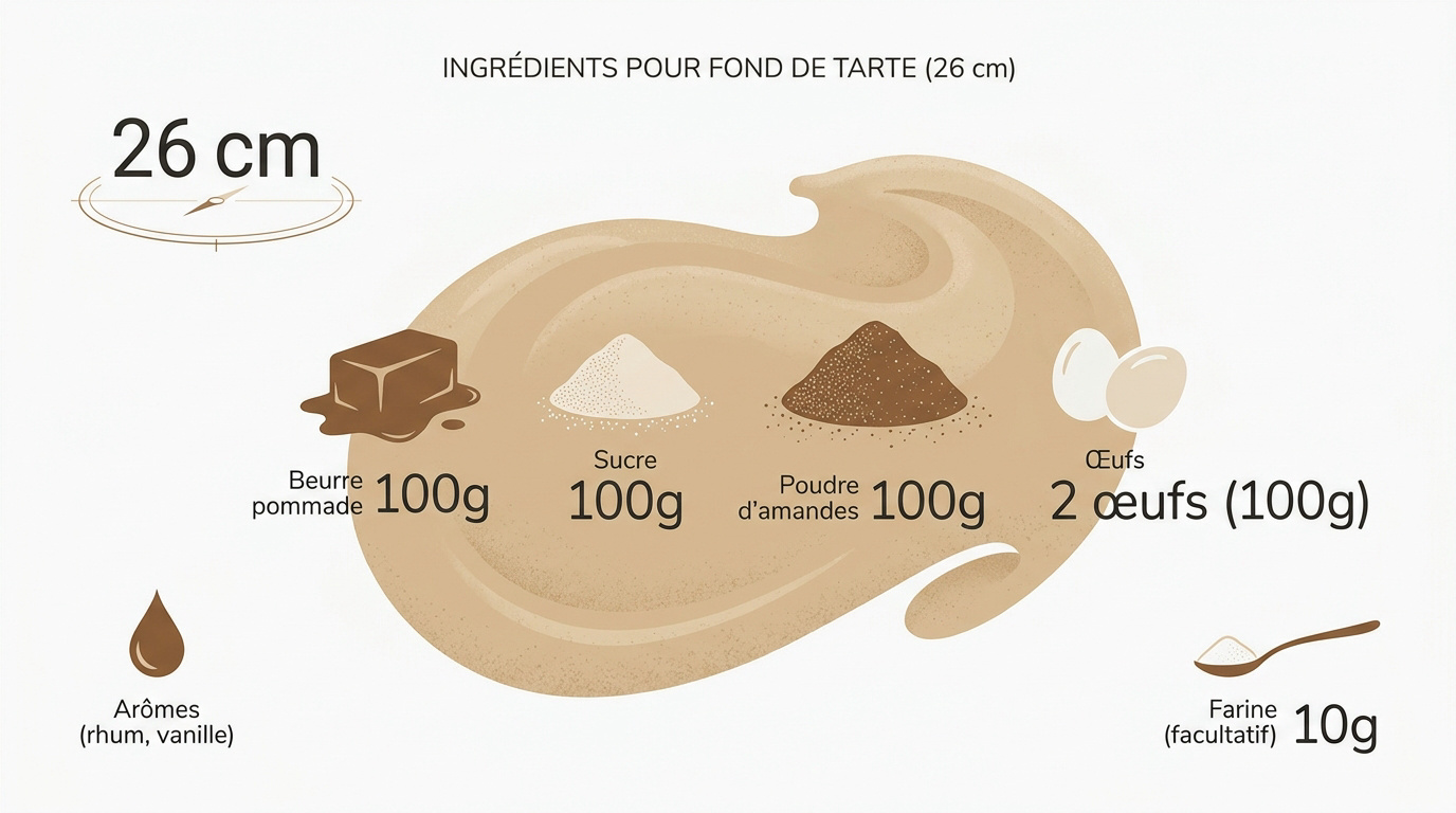 Ingrédients nécessaires pour une crème d'amande : beurre, sucre, poudre d'amande et œufs