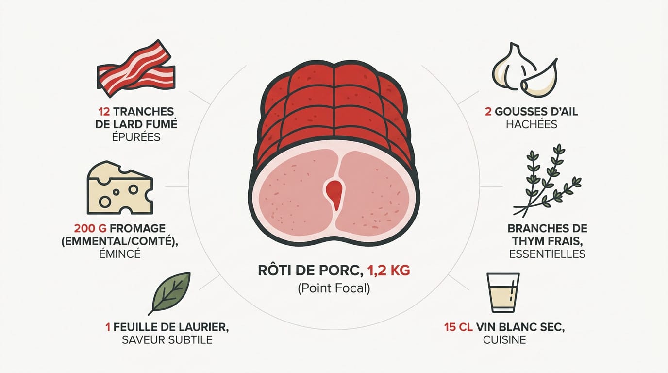 Rôti de porc Orloff : une recette tendre et savoureuse 1 Ingrédients disposés pour la préparation d'un rôti de porc Orloff avec fromage et bacon