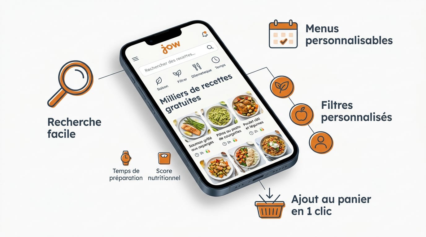 Découvre les recettes Jow sur le site et l’application 1 Interface de l'application Jow affichant des recettes personnalisables