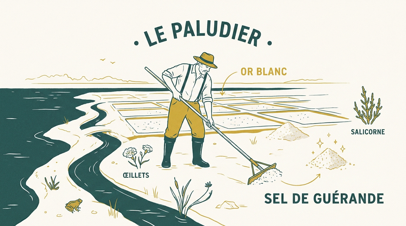 Un paludier récoltant le sel de Guérande dans un œillet à l'aide d'un las
