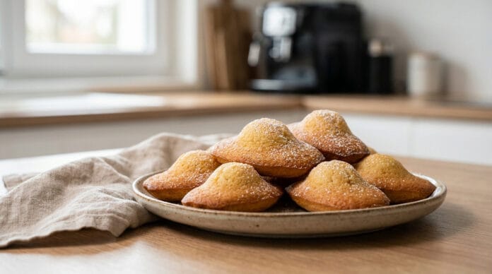 Les madeleines dorées de Cyril Lignac Une assiette de madeleines dorées saupoudrées de sucre glace sur une table en bois dans une cuisine lumineuse.