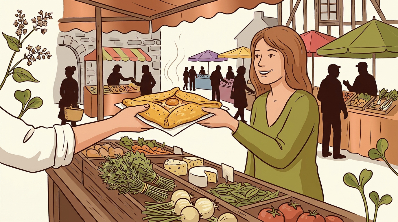 Quelle est la spécialité culinaire de Villedieu-les-Poêles ? 1 Étal de galettes-saucisses sur le marché traditionnel de Villedieu-les-Poêles
