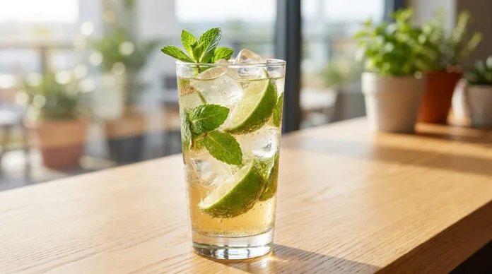 Un verre de mojito avec glaçons, quartiers de citron vert et feuilles de menthe fraîche posé sur un comptoir en bois.