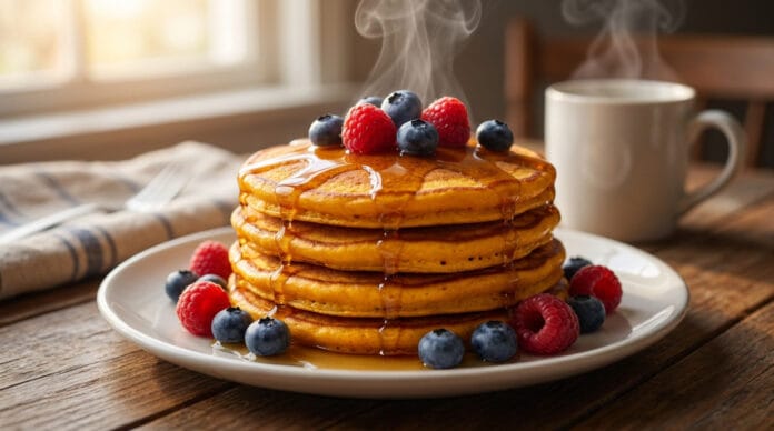 Pancakes moelleux à la patate douce Pile de pancakes à la patate douce surmontée de sirop, de myrtilles et de framboises fumantes.
