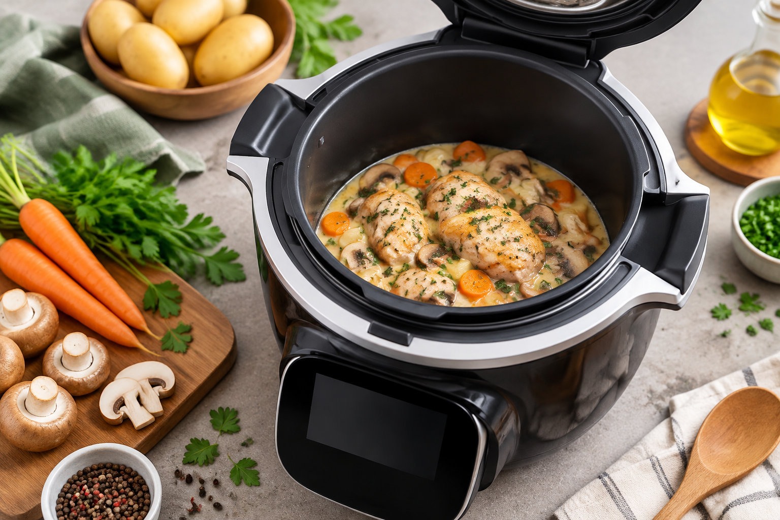 Un multicuiseur ouvert contient des morceaux de poulet mijotés avec des carottes, des champignons et des herbes, entouré de légumes et d’ustensiles sur un plan de travail.