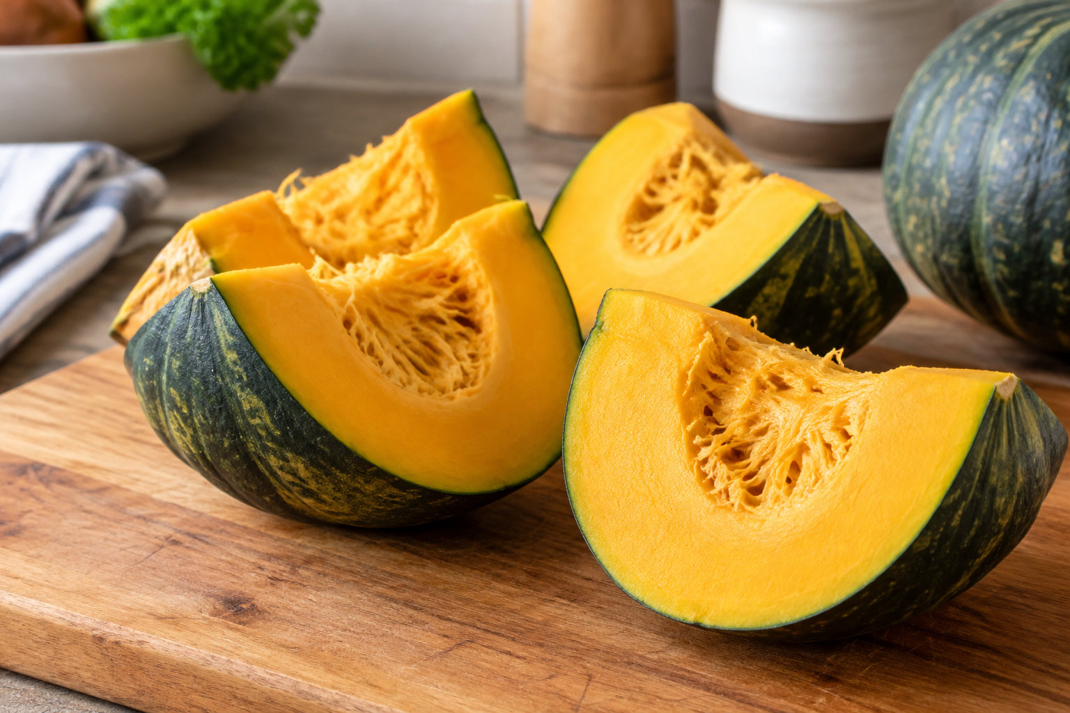 Temps de cuisson du potiron selon la méthode : vapeur, eau, four, micro-ondes 2 Plusieurs quartiers de courge à chair orange sont posés sur une planche en bois, avec une courge entière à l’arrière-plan.