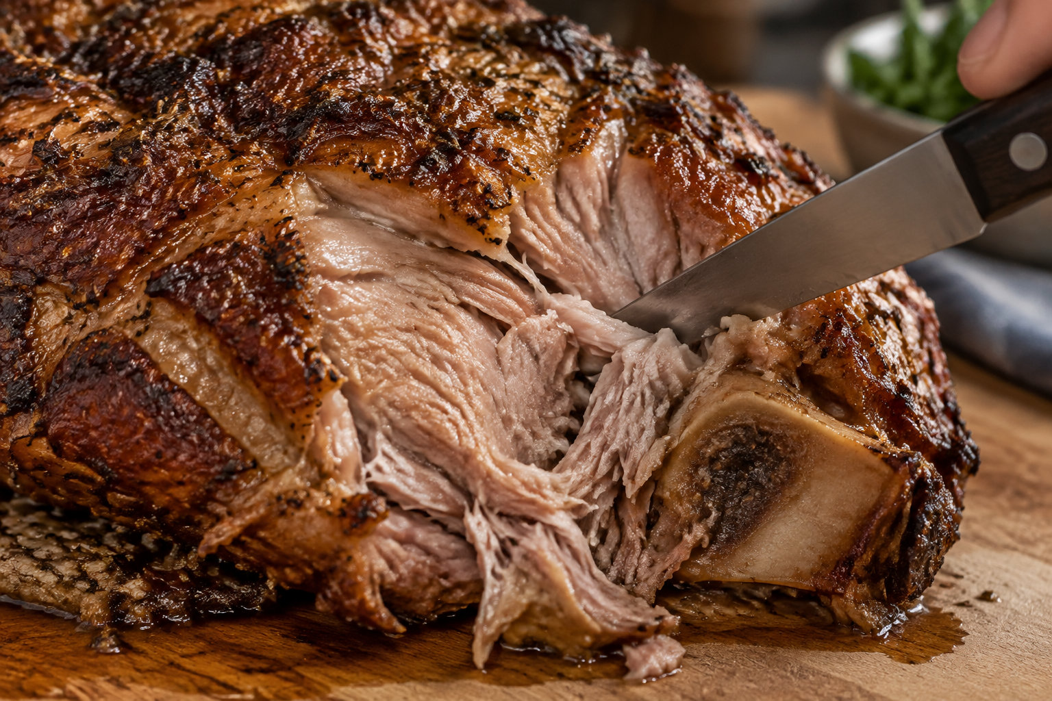 Un couteau tranche un rôti de viande doré posé sur une planche en bois.