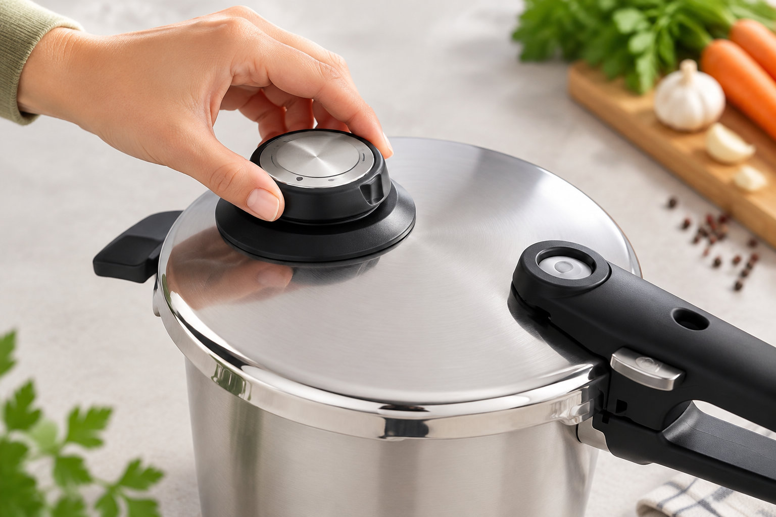 Ustensiles de cuisine Fissler : gamme, séries et prix 2 Une main saisit la poignée du couvercle d’une cocotte-minute en acier inoxydable, posée sur un plan de travail avec des légumes et des herbes en arrière-plan.