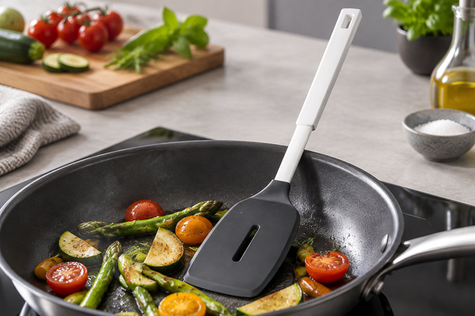 Ustensiles de cuisine Fissler : gamme, séries et prix 3 Une spatule repose dans une poêle contenant des légumes grillés, sur une plaque de cuisson, avec des légumes frais, un bol de sel et une bouteille d’huile à l’arrière-plan.