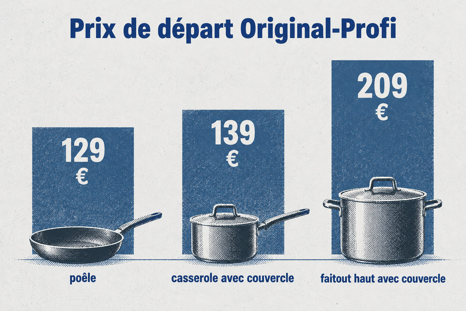 Ustensiles de cuisine Fissler : gamme, séries et prix 1 Les prix de départ Original-Profi indiqués sont de 129 € pour une poêle, 139 € pour une casserole avec couvercle et 209 € pour un faitout haut avec couvercle.