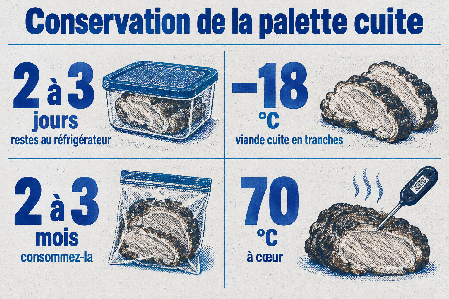 La palette cuite se conserve 2 à 3 jours au réfrigérateur ou 2 à 3 mois en tranches à −18 °C ; réchauffez-la à 70 °C à cœur.