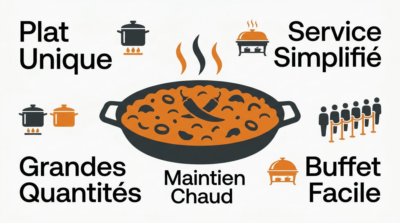 Idée de repas pour 60 personnes : choisir des plats simples 1 Plat unique généreux servi en grande quantité pour soixante personnes lors d'une réception conviviale