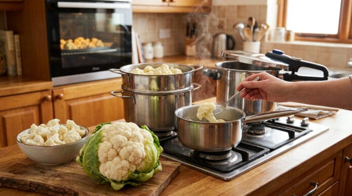 Guide de cuisson du chou-fleur Une main vérifie la cuisson d'un bouquet de chou-fleur dans une casserole sur une gazinière dans une cuisine.