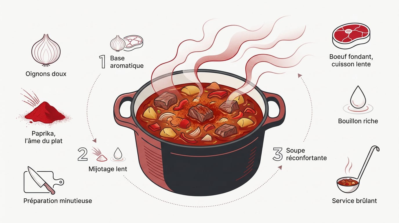 La recette authentique du goulash hongrois en soupe 1 Infographie détaillée de la recette du goulash hongrois traditionnel avec ingrédients et étapes