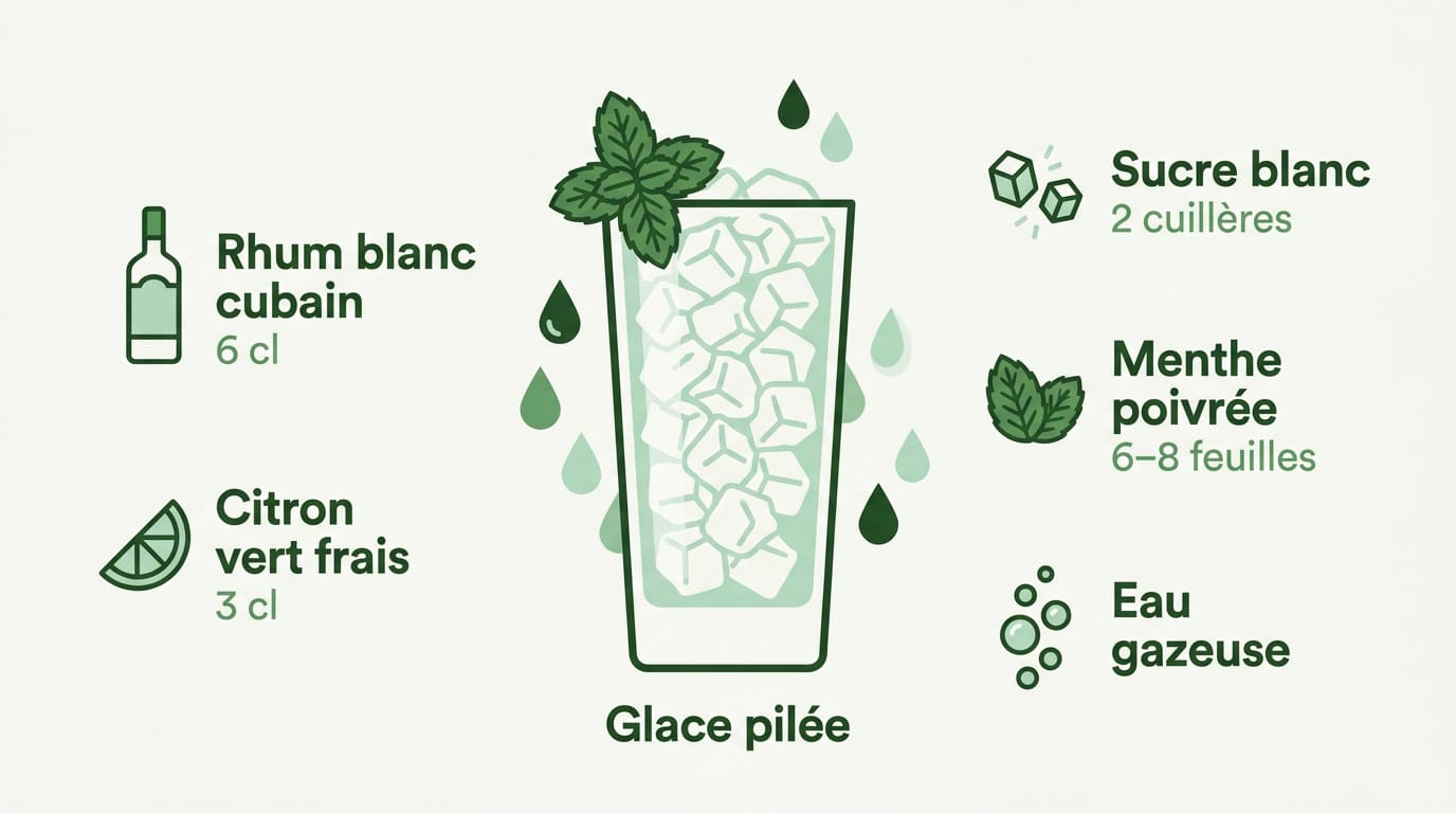Recette du mojito classique avec les bonnes proportions 1 Ingrédients frais pour la préparation d'un mojito classique avec rhum, menthe et citron vert