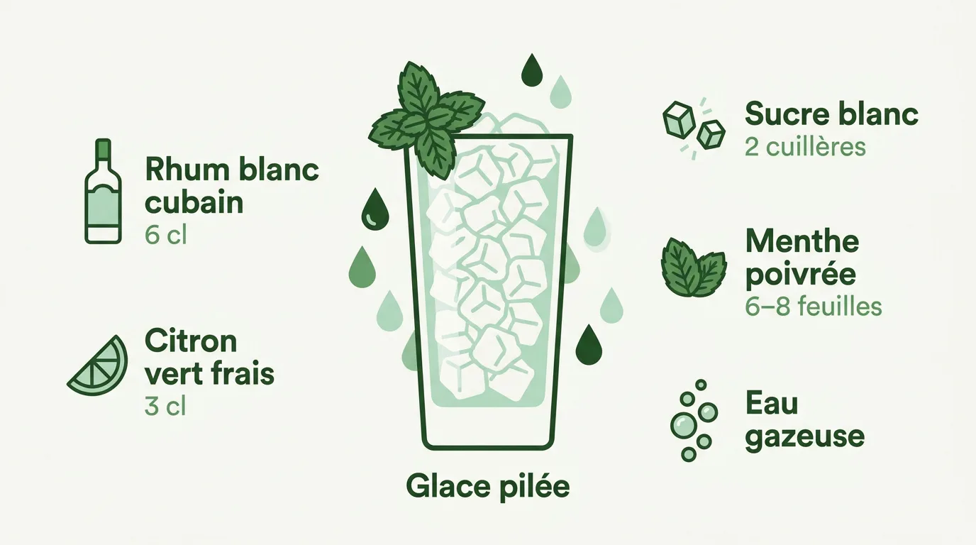 Recette du mojito classique avec les bonnes proportions 1 Ingrédients frais pour la préparation d'un mojito classique avec rhum, menthe et citron vert