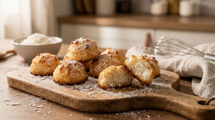 Recette facile de rochers coco moelleux Rochers coco dorés saupoudrés de sucre glace sur une planche en bois, avec un bol de noix de coco en arrière-plan.