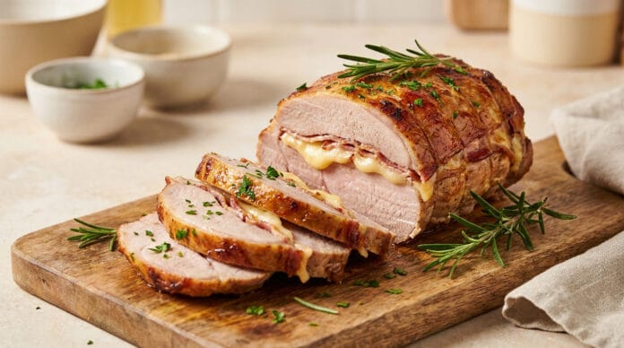 Rôti de porc Orloff fondant et savoureux Un rôti de porc Orloff farci au fromage et au bacon, tranché sur une planche en bois avec du romarin frais.