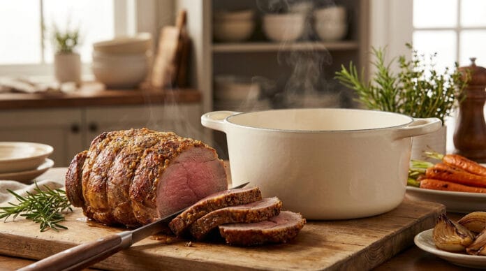 Un rôti de veau fumant tranché sur une planche en bois à côté d'une cocotte en fonte blanche dans une cuisine rustique.